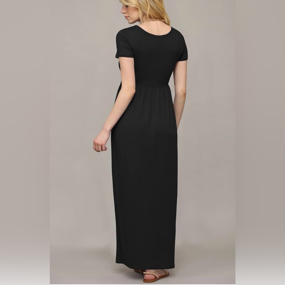 Womens Short Sleeve Loose Plain Casual Long Maxi Dresses with Pockets -black - Picture 4 of 5